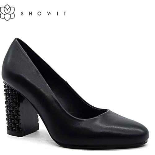 SHOWIT 2020 Spring Autumn New Women Pumps Black Thick Square High Heels PU Lining Pointed Toe Casual OL Style
