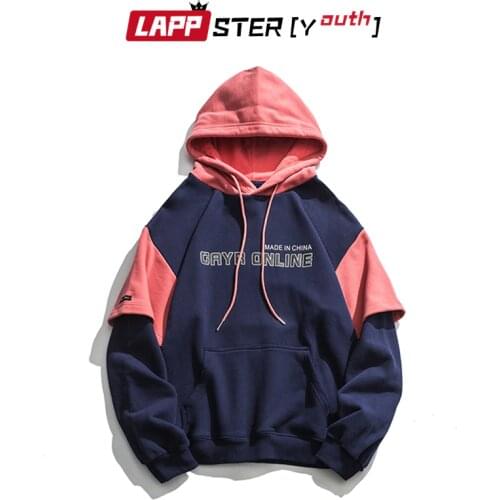 LAPPSTER-Youth Men Patchwork Streetwear Hip Hop Hoodies 2021 Pullover Fake Two Pieces Sweatshirts Harajuku Korean Hooded Hoodies