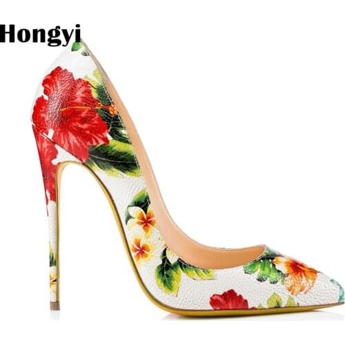 Hongyi Woman Slip On Shoes Fashion Flower Printing Ladies Sexy Stiletto Female Floral Thin Women High Heels Party Dress Pumps
