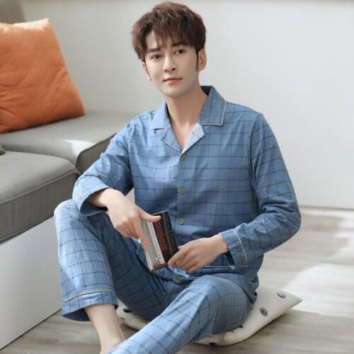 Spring Knitted Cotton Men Pajamas Set Striped Sleepwear Long Sleeve Turn-down Collar Loose Soft Plus Size Male Homewear Clothing