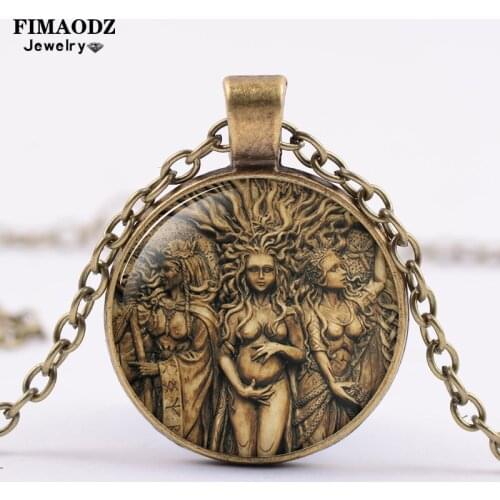 FIMAODZ Vintage Life Tree Necklace Star Triple Moon Goddess Amulet Glass Alloy Pendant Necklaces Pregnant Mom Photo Jewelry