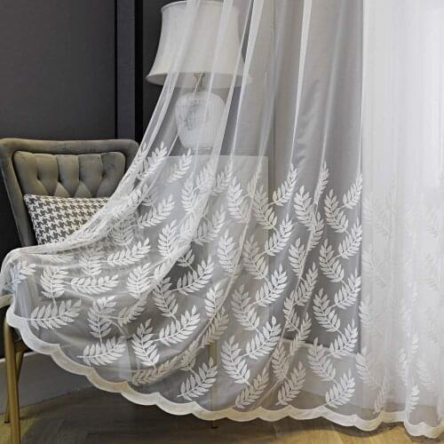 Leaf Jacquard Sheer Curtains for Bedroom Embroidered Grey Leaves Window Botanical Geometric Patio Sliding Door Panel Drapes