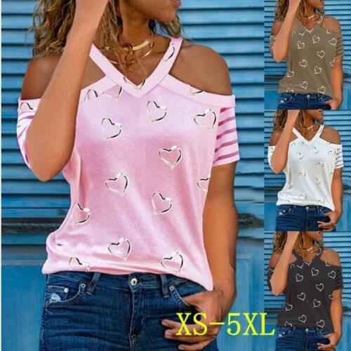 2021 New Summer Womens FashionLove Printed Casual Short Sleeve T-Shirt Loose Comfortable Thin Summer V-Neck Top Plus Size