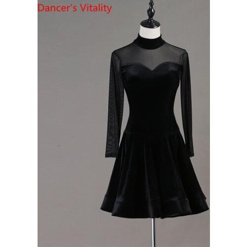 Custom Made Latin Dance Dresses For Women Fashion Short Skirt Long Sleeve Spandex black Ballroom Samba Tango Dress
