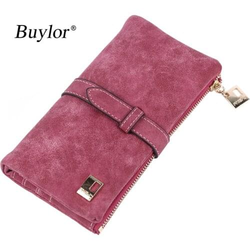 Buylor Womens Wallet Luxury Long Strip Two Fold Womens Wallet Drawstring Nubuck Leather Zipper Suede Money Bag Womens
