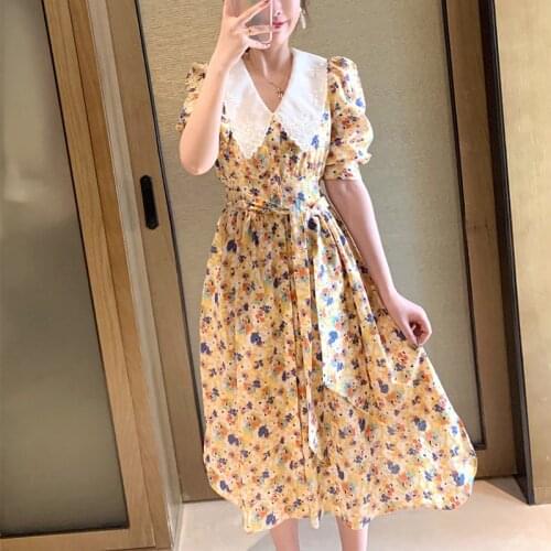 Korean Chic Retro Print Temperament Dress 2021 Summer High Waist Chiffon Vestido Turn Down Collar Elegant Party Dresses 15151