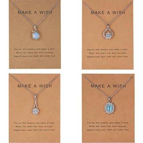 1PC Gorgeous Natural Stone Dolphin Flower Shining Rhinestone Link Chain Necklace With MAKE A WISH Cardboard Charm Jewelry Gift