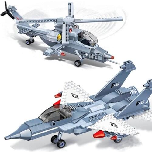 2 In 1 F-15 Fighter Building Block Air Force Aircraft Variable Air Cushion Landing Craft Model WZ10 Gunship Helicopter Brick Toy