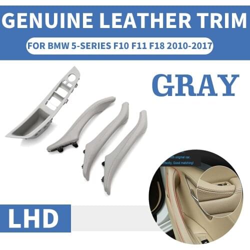 4PCS Genuine Leather Left Hand Drive LHD For BMW 5 series F10 F11 F18 Gray Car Interior Door Handle Inner Panel Pull Trim Cover