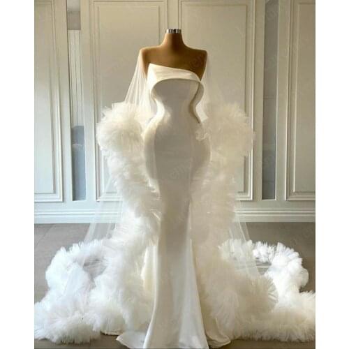White Saudi Arabia Satin Mermaid Evening Dresses with Wrap Strapless Prom Gowns Robes De Soirée Red Carpet Celebrity Dress