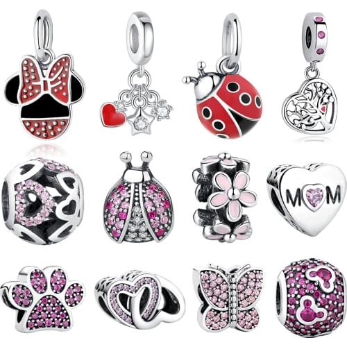 ELESHE 925 Sterling Silver Red Forever Love Kiss Ladybug House Shoe Bead Fit Original Charm Bracelet Pendant DIY Jewelry