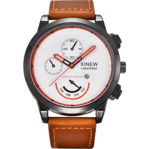 Mens Watches Top Brand XINEW 2018 Leather Strap Date with Calendar Casual Quartz Watch for Big Wrist Montre Homme Mode de Marque