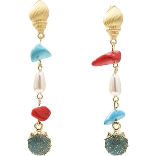 Bohemian Natural Stone Pearl Shell Long Pendant Drop Earrings For Women Girls Summer Beach Party Jewelry