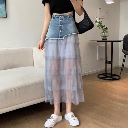 Denim Splice Mesh Long Skirt Women Summer 2021 High Waist A-Line Skirt Ladies Harajuku Fashion Chic Streetwear Female