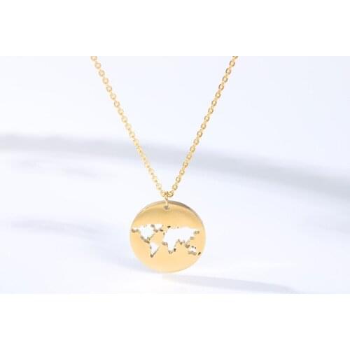 Engraved Hollow world map Necklace For Women global Gold stainless steel chain necklace Round Shaped Friends bridesmaid Gifts