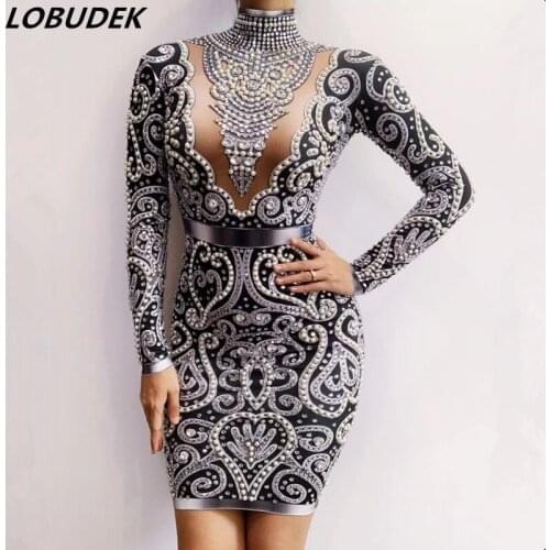 3 Colors Glass Crystals Pearls Short Dress High-end Women Birthday Party Celebrate Dress Evening Prom Singer Sexy Stage Costume