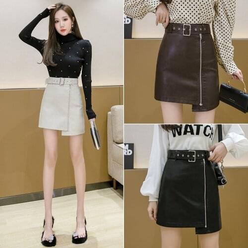 2021 High Waist Irregular Leather Skirt Formal Sexy Zipper Mini Solid Black Coffee Fashion Skirts For Autumn Winter
