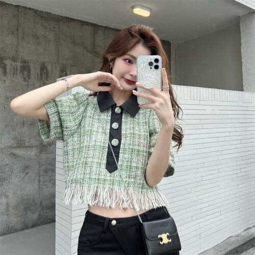 Kpop Korean Celebrity The same fringed tweed T shirt women streetwear kawaii tee shirt korean Harajuku short sleeve tshirt tops