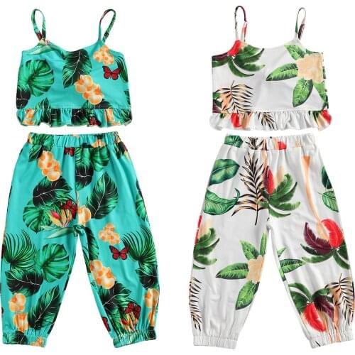 2-7Y Summer Casual Newly Infant Kids Girls Clothes Sets Casual Leaf print Sleeveless Vest Tops Long Pants Outfits