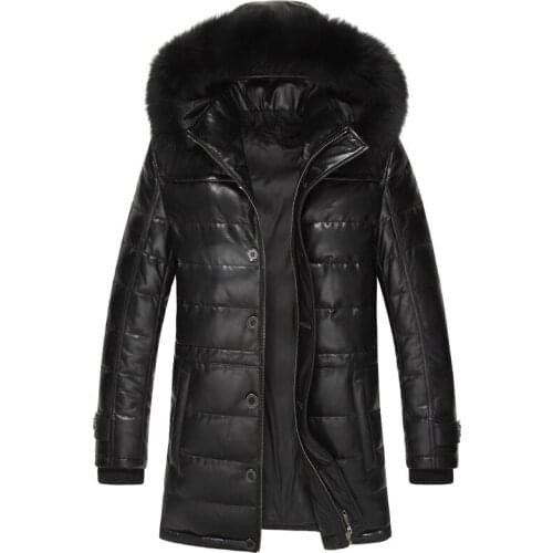 Mens Sheepskin Genuine Leather Winter Duck Down Fox Fur Collar Hooded Long Coat Men Jacket 15L156AYY303
