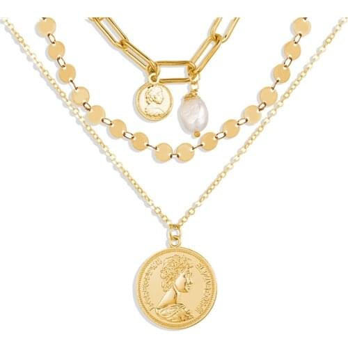 New sweater chain creative head pearl pendant multi layer Necklace three layer clavicle chain