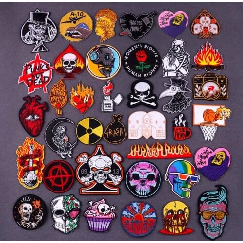 Punk Skull Flame Iron On Patches For Clothing Stickers Embroidered Patches On Clothes Rock Biker Patches For Backpack Badges DIY