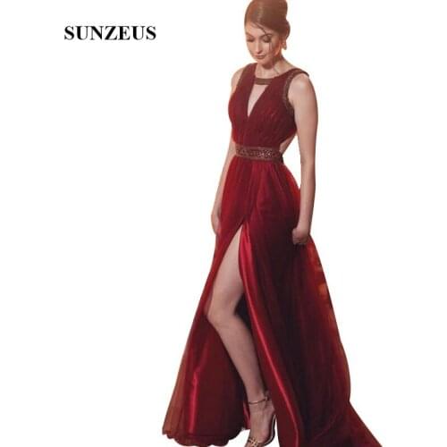 Sexy Open Back Prom Dresses 2019 A-line V-neck Burgundy Party Gowns Beading Women Long Tulle Formal Dress Split Side