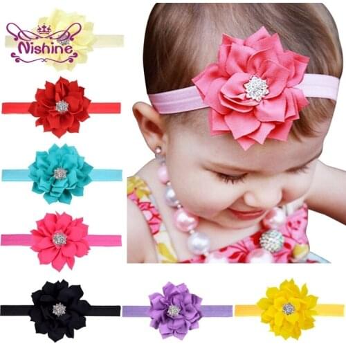 Nishine 5pcs/lot 9 CM Multistorey Sharp Angle Handmade Fabric Lotus Headband Shining Rhinestone Flower Hairband Girls Gifts