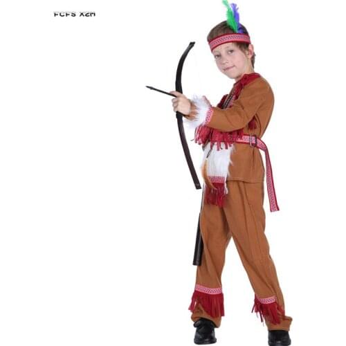 M-XL Boys Primitive Indian traditional Cosplay Kids Halloween hunter costumes for Children Carnival Purim Stage play party dress