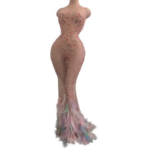 Sexy Multicolor Beading See Through Mesh Mermaid Long Dress Women Bodycon Perspective Evening Party Feathers Dress Stage Outfits