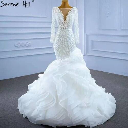 Serene Hill Muslim White Mermaid Wedding Dresses 2021 Beaded Pearls Elegant Ruffles Bride Gowns HM67269 Custom Made