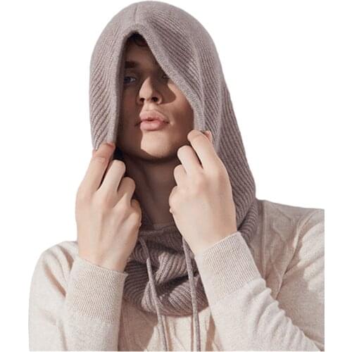 Sparsil Men Women Cashmere Knitted Hat Scarf Hooded Collar Elastic Drawstring Winter All-Match Adult Teen Thick Soft Neck Warmer