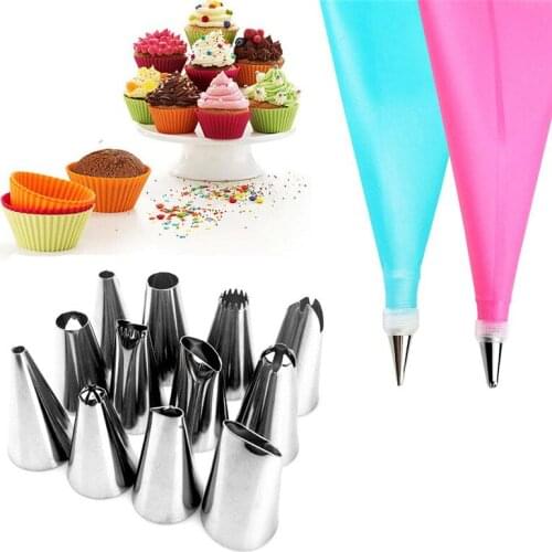 14Pcs/Set Silicone DIY Icing Piping Cream Pastry Bags + 12PCS Nozzle Set Cake Decorating Tools Mould + Coupler Converter