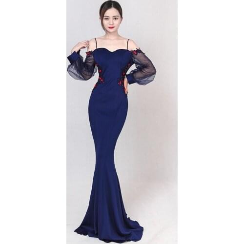 Blue Cotton & Mesh Floral Appliques Spaghetti Strap Slash Neck Backless Long Lantern Sleeve Sexy Dresses Party Night Club Dress