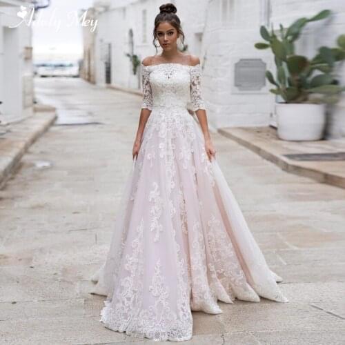 Adoly Mey Gorgeous Appliques Court Train A-Line Wedding Dress 2020 Romantic Boat Neck Half Sleeve Princess Customize Bridal Gown