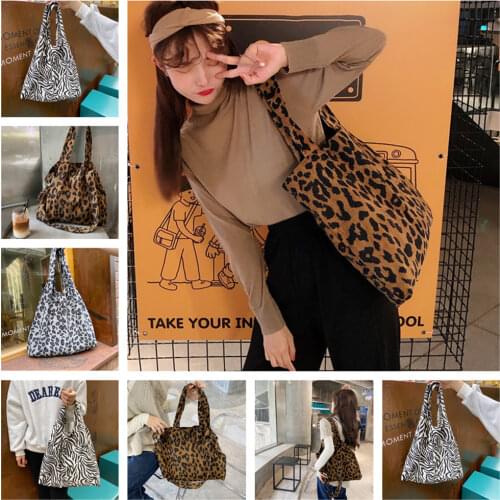 Female Ins Autumn And Winter Leopard Print Chic Korean Corduroy Shoulder Canvas Bag Shopping Tote Bag