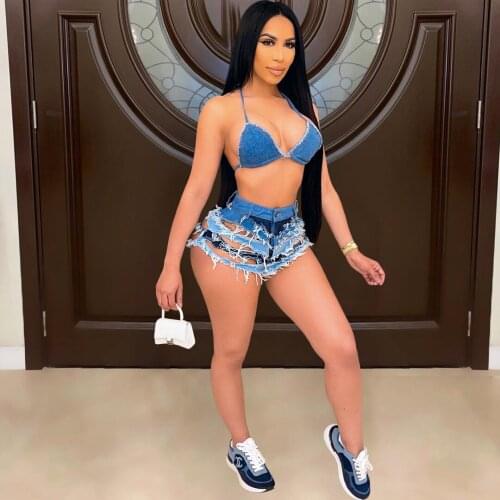 2021 Summer Leisure Women Fashion Street Slim Sexy Nightclub Pure Color Tassel Broken Hole Jean Shorts