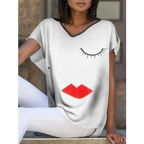 Womens Pullover Casual Dress Color Printing V-neck Pullovers Loos Short-Sleeved T-Shirt Fashion Comfortable Lady Pullovers Top