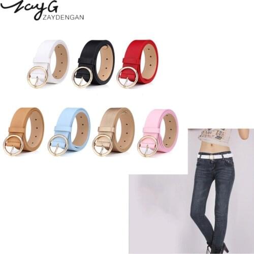 ZAYG New Circular Pin Buckle Womens Belt Personality Simple of Leather Belt Many Colours Red Gold Black Leather Jeans Wild Belt