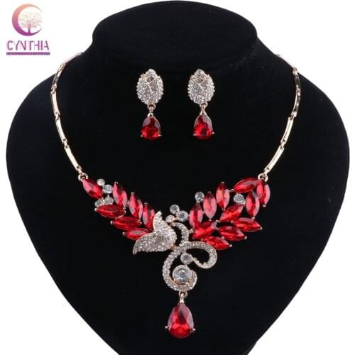 Flower Wedding African Bead Jewelry Set Jewelry Sets for Women Fashion Gold-color Dubai Rhinestone Necklace Earrings Set