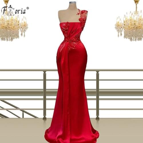 Elegant Red Evening Dresses 2021 Satin One Shoulder Party Wear Prom Dress Long Applique Beaded Formal Gown robe de soiree