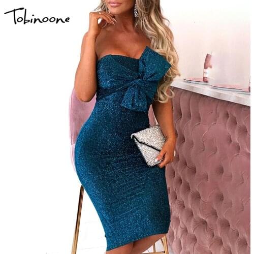 Tobinoone 2019 autumn bow women dress sexy off shoulder slim backless party dress glitter sparkle bling club elegant vestidos
