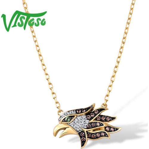 VISTOSO Gold Necklace For Women Genuine 14K 585 Yellow Gold Green Garnet Diamond Brown Eagle Necklace Animal Trendy Fine Jewelry