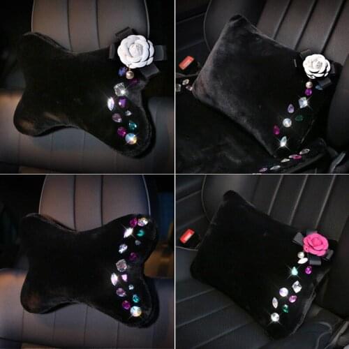 Winter Plush Car Headrest Diamond Crystal Flower Car Neck Pillow Car Waist Support Cushion Car Styling Interior Accessories