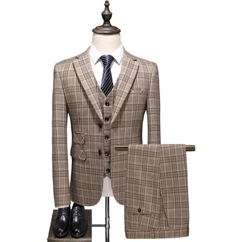 2021 New Men Suit Plaid Double Breasted Costume 3 Pieces Homme Two Button Slim Fit High Quality Wedding Party Costume
