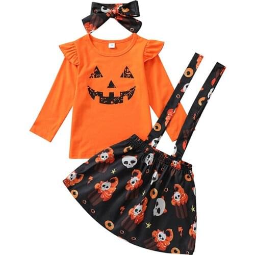 3Pcs Toddler Halloween Outfits Frilly Long Sleeves T-Shirt Skull Print Suspenders Skirt Headband Sets for Kids Girls 1-5 Years
