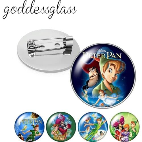 Disney Cartoon Peter Pan Adventure Round Glass cabochon Silver color Brooch Dome Photo Jewelry Brooches Pin For Gift