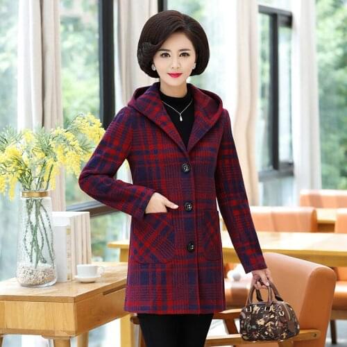 Middle-aged Womens Autumn Winter Jacket Coat New Fashion Plaid Hooded Outerwear Female Woolen Coat Basic Tops Plus Size 5XL