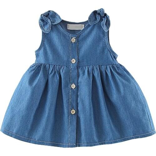 Denim Baby Girls Dress Buttons Fashion Toddler Ruffles Jean Outfits Kids Clothes