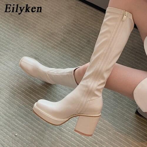 Eilyken New Knee High Boots Women Square Heel Casual Winter Long Boot Shoes Ladies Round Toe Zip Fashion Cool Knight Bootties